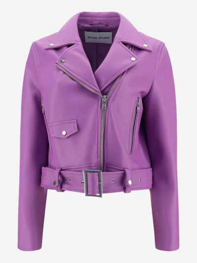 Stand Studio Esmeralda Cropped Faux Leather Biker Jacket In Violet