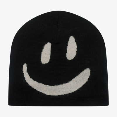 Molo Black Wool Knit Smiling Face Beanie Hat