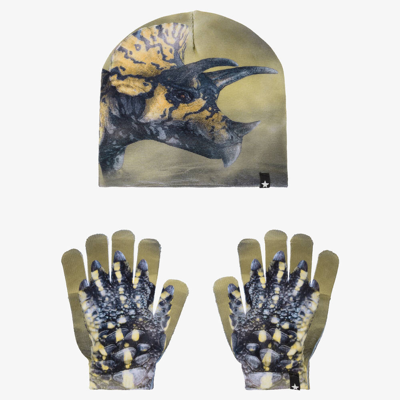 Molo Kids' Boys Green Dinosaur Hat & Gloves Set