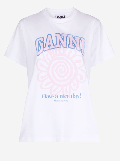 Ganni Basic Flower Print Cotton T-shirt In Bright White