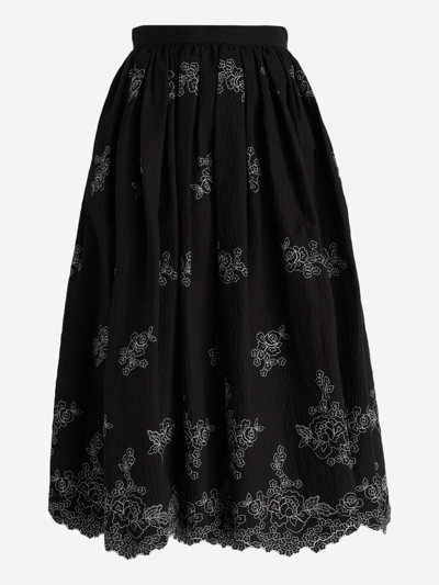 Erdem Floral-embroidered Seersucker Midi Skirt In Black