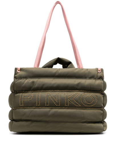 Pinko Logo Embellished Padded Tote Bag In Green