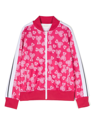 Palm Angels Kids' Teddy Bear-print Zip-up Bomber Jacket In Pink