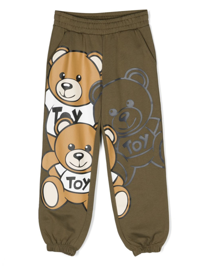 Moschino Kids' Teddy Bear-print Cotton Track Trousers In Green