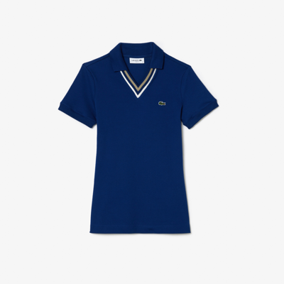 Lacoste Women's Slim Fit V-neck Stretch Piqué Polo - 38 In Blue