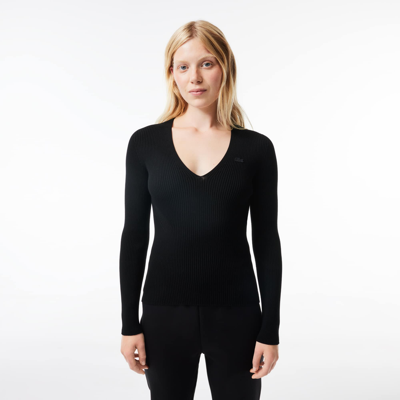Lacoste Women's Seamless Ribbed V-neck Sweater - 38 In Black