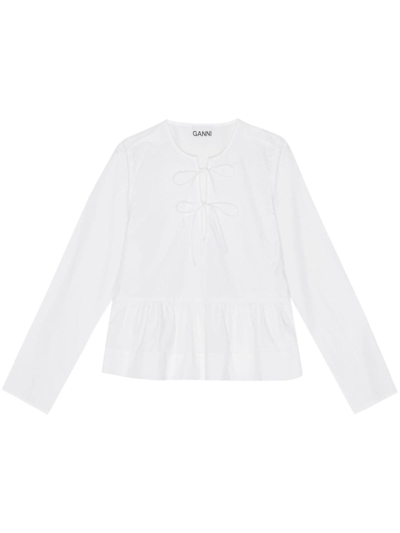 Ganni Tie-fastening Organic Cotton Blouse In White