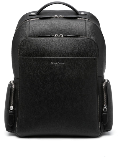 Aspinal Of London Mens Black Reporter Zipped Pebbled Leather Backpack