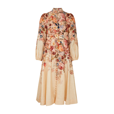 Zimmermann Luminosity Floral Linen Belted Button-front Midi Dress In Cream
