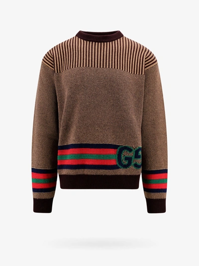 Gucci Cotton Wool Sweater With Gg In Brown