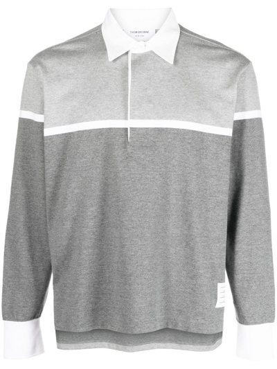 Thom Browne Long Sleeve Cotton Polo Shirt In Grey