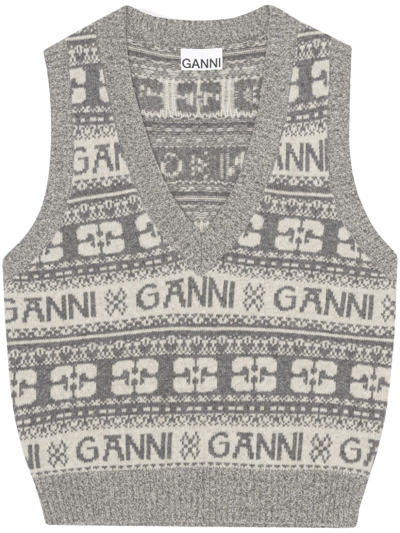 Ganni Sleeveless Grey Logo Wool Mix Waistcoat