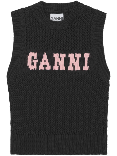 Ganni Cotton Rope Logo Waistcoat In Black