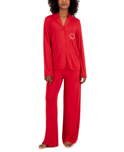Jenni Women's Supersoft Notched-collar Pajamas Set, Created For Macy's In Smiley