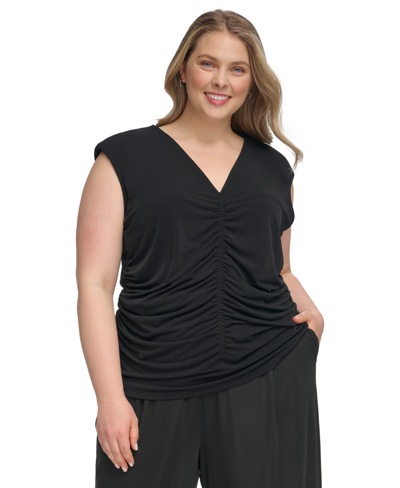 Calvin Klein Plus Size V-neck Shirred-front Sleeveless Top In Black
