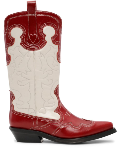 Ganni Western Mid Boots Woman White And Red In Leather