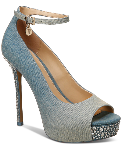 Thalia Sodi Libbie Embellished Ankle-strap Platform Dress Pumps In Ombre Denim + Stones