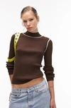 Topshop Knit Fine Gauge Contrast Trim Long Sleeve Top In Brown