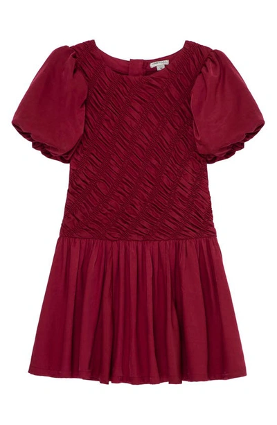 Habitual Kids' Puff Sleeve Shirred Drop Waist Dress In Burgundy