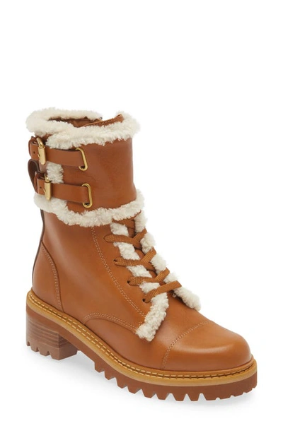 See By Chloé Mallory Shearling-trimmed Leather Ankle Boots In Tan