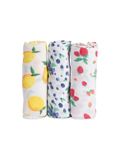 Little Unicorn Babies' Watercolor Roses Cotton Muslin 3-pack Swaddle Blanket Set In Strawberry/lemon And Blueberry Prints