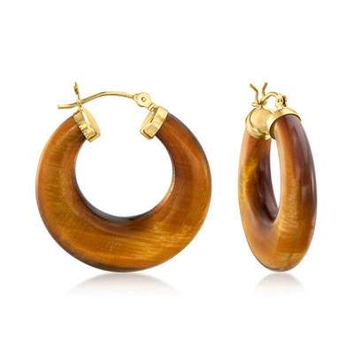 Ross-simons Jade Hoop Earrings With 14kt Yellow Gold In Brown