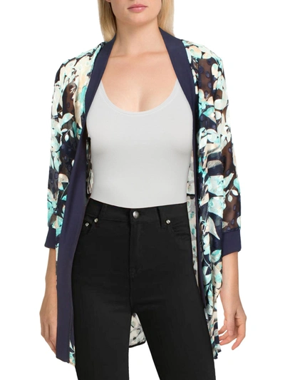 R & M Richards Petites Womens Chiffon Floral Duster Blazer In Blue