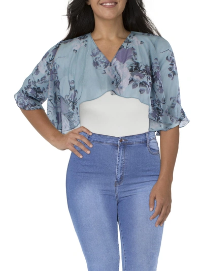 R & M Richards Womens Floral Print Metallic Bolero In Blue