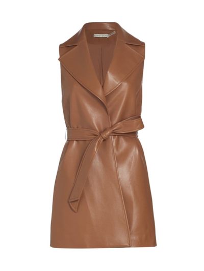 Alice And Olivia Rozlynn Vegan Leather Long Belted Waistcoat In Brown