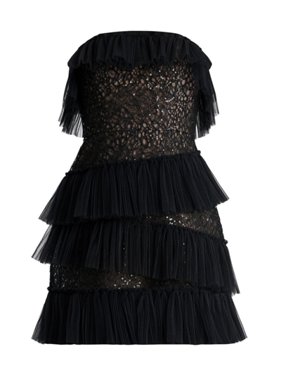 Bcbgmaxazria Lilia Pleated Ruffle Lace Mini Dress In Black