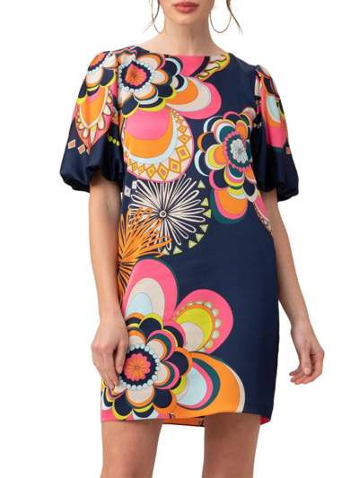 Trina Turk Luv Floral-print Blouson-sleeve Mini Dress In Multi