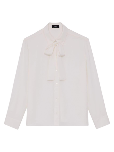 Theory Modern Cotton Georgette Tie-neck Shirt In Iv