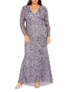 MAC DUGGAL WOMEN'S PLUS SIZE V-NECK SEQUIN EMBELLISHED LONG-SLEEVED GOWN