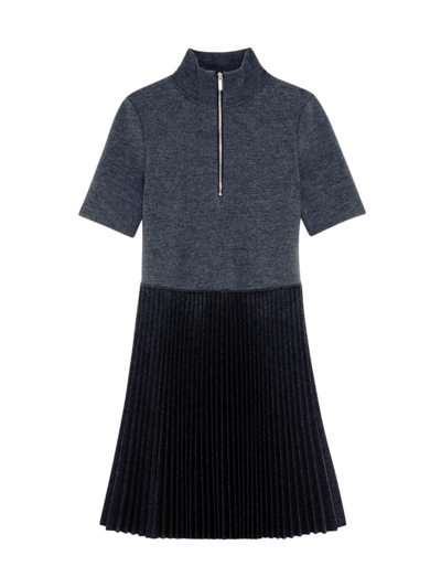Theory Short-sleeve Pleated Knit Combo Mini Dress In Grey