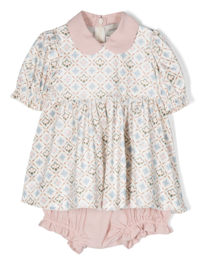 Simonetta Babies' Graphic-print Short-sleeve Dress Set In 白色