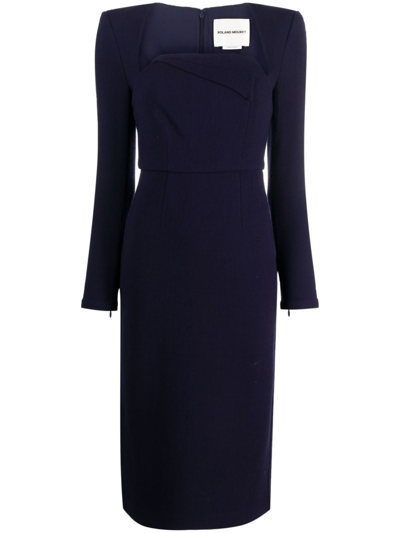 Roland Mouret Asymmetric Folded-neck Wool Crepe Midi Dress In Azul