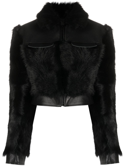 David Koma Fleece-texture Leather Cropped Jacket In Black