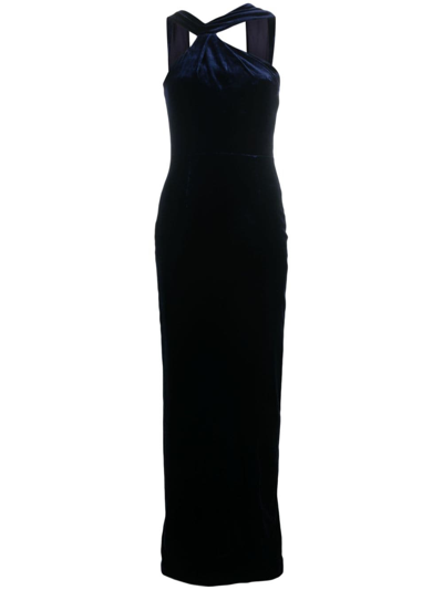 Roland Mouret Asymmetric Halterneck Velvet Gown In Blue