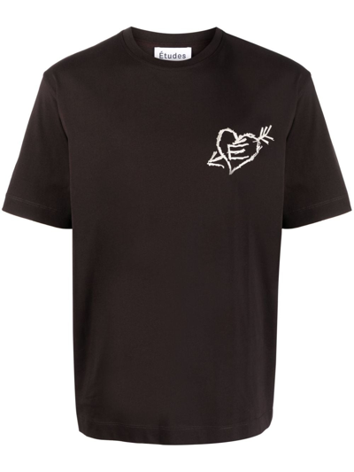 Etudes Studio Heart Motif-embroidery Organic Cotton T-shirt In Brown