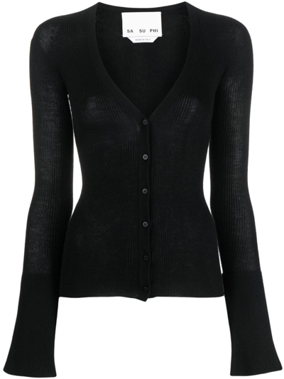 Sa Su Phi V-neck Ribbed Cashmere-blend Cardigan In Black