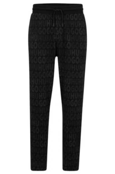 Hugo Cotton Tracksuit Bottoms With Drawstring Waist And Monogram Jacquard In Dark Grey