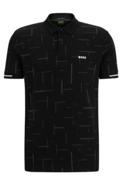 Hugo Boss Cotton-jersey Polo Shirt With Tonal Printed Pattern In Black
