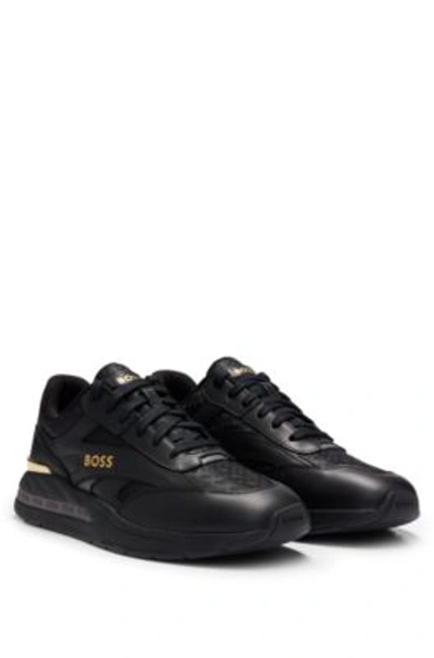 Hugo Boss Mixed-material Trainers With Leather And Monogram Jacquard In Black