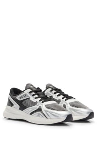 Hugo Boss Mixed-material Sneakers With Mesh And Synthetic Coated Fabric In Silver