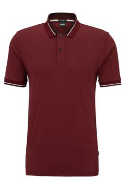 Hugo Boss Mercerized-cotton Polo Shirt With Contrast Tipping In Dark Red