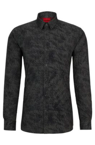 Hugo Extra-slim-fit Shirt In Dalmatian-print Stretch Cotton In Dark Grey