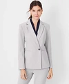Ann Taylor The Petite Fitted Double Breasted Blazer In Bi-stretch In Pebble Grey Melange