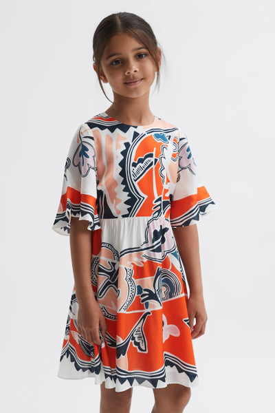 Reiss Kids' April - Coral Junior Printed Floaty Dress, Age 6-7 Years