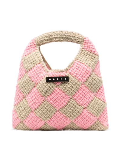 Marni Kids' Small Market Diamond Crochet Bag In Light Green Pink