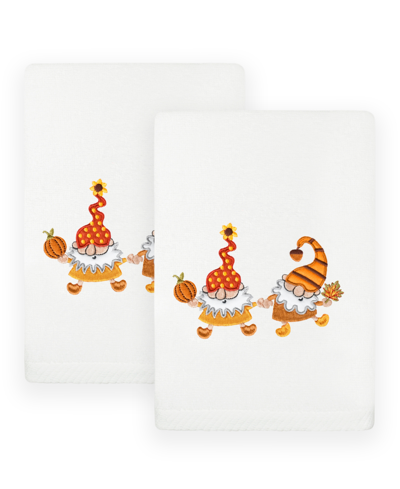 Linum Home Textiles Autumn Gnomes Embroidered Luxury 100% Turkish Cotton Hand Towels Set, 2 Piece In White
